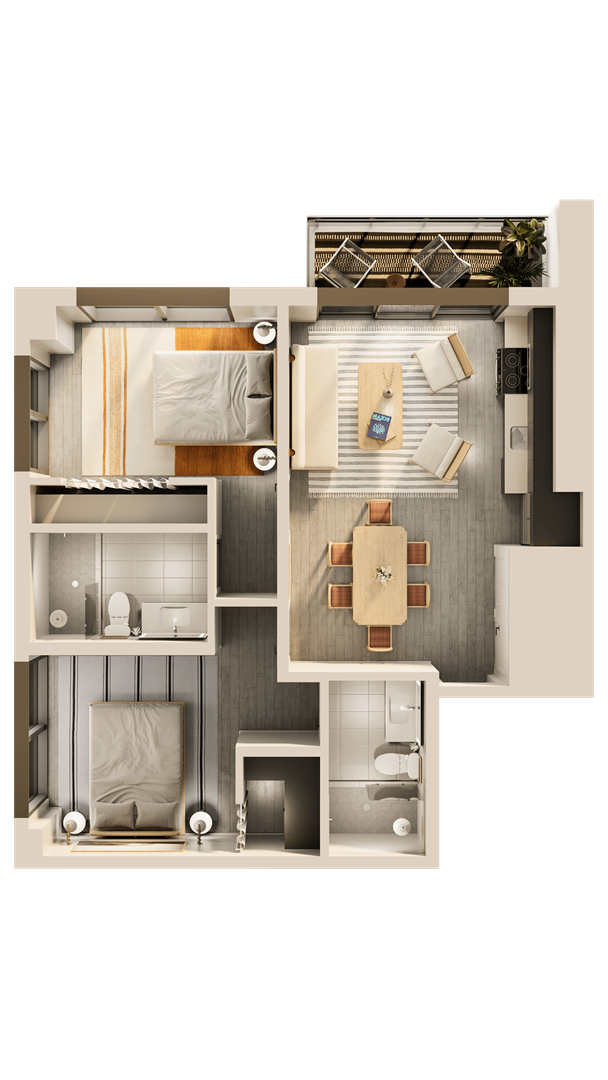 a 3d rendering of a bedroom floor plan of a house